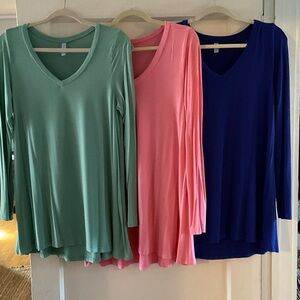 Elegant Long Sleeve V-Neck Tops - Green, Pink, and Blue